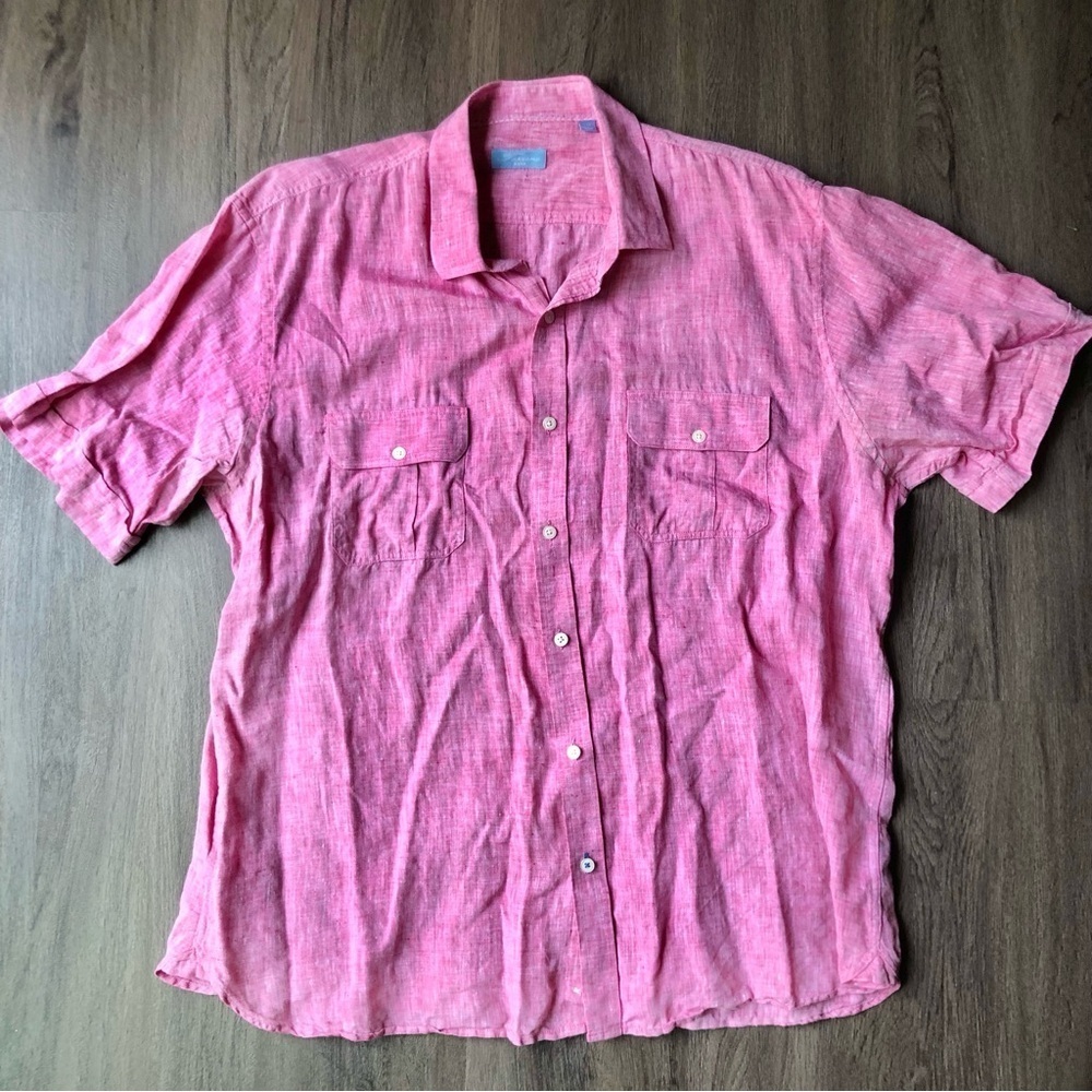 Toscano Aqua Mens XXL Red White 100% Linen Short Sleeve Button Down Shirt